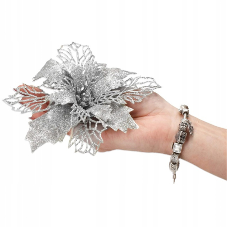 Set 10 ornamente pentru bradul de Craciun, stea Poinsettia, 16cm, argintiu [3]