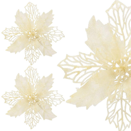 Set 10 ornamente pentru bradul de Craciun, stea Poinsettia, 16cm, crem [8]