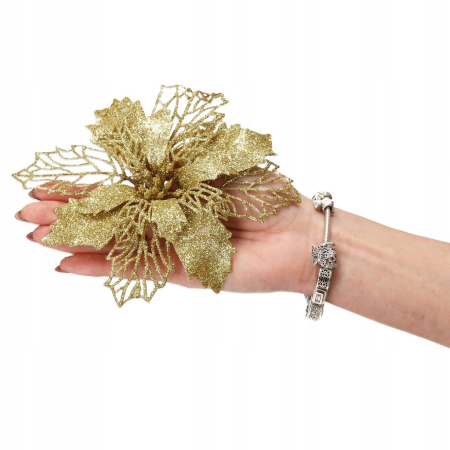 Set 10 ornamente pentru bradul de Craciun, stea Poinsettia, 16cm, galben auriu [5]