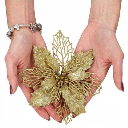 Set 10 ornamente pentru bradul de Craciun, stea Poinsettia, 16cm, galben auriu [7]