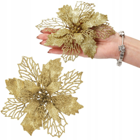 Set 10 ornamente pentru bradul de Craciun, stea Poinsettia, 16cm, galben auriu [1]
