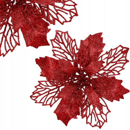 Set 10 ornamente pentru bradul de Craciun, stea Poinsettia, 16cm, visiniu [3]