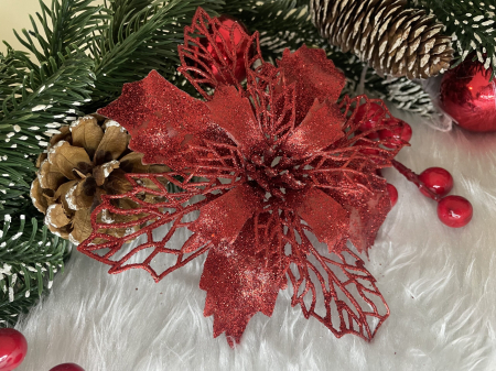 Set 10 ornamente pentru bradul de Craciun, stea Poinsettia, 16cm, visiniu [9]