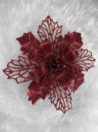 Set 10 ornamente pentru bradul de Craciun, stea Poinsettia, 16cm, visiniu [10]