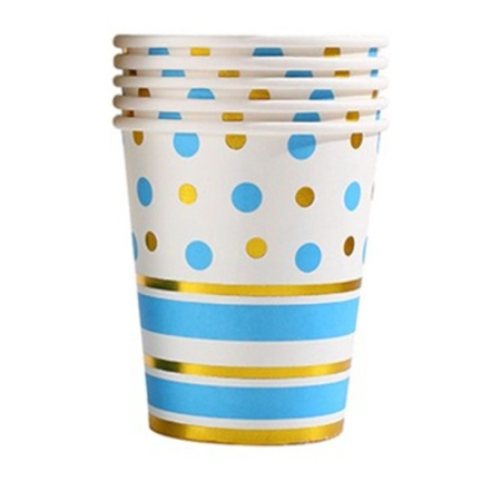 Articole Servire Masa - Set 10 Pahare, , Imprimeu cu Buline si Dungi, din Carton, 250 ml, 7.5 x 8.5 x 5.2 cm, Albastru/Auriu