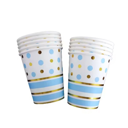 Set 10 Pahare, , Imprimeu cu Buline si Dungi, din Carton, 250 ml, 7.5 x 8.5 x 5.2 cm, Albastru/Auriu [1]