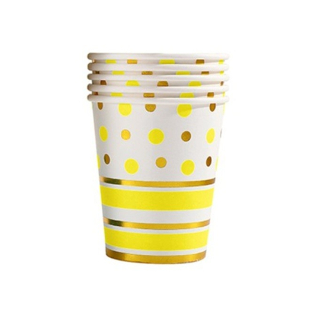 Articole Servire Masa - Set 10 Pahare, , Imprimeu cu Buline si Dungi, din Carton, 250 ml, 7.5 x 8.5 x 5.2 cm, Galben/Auriu