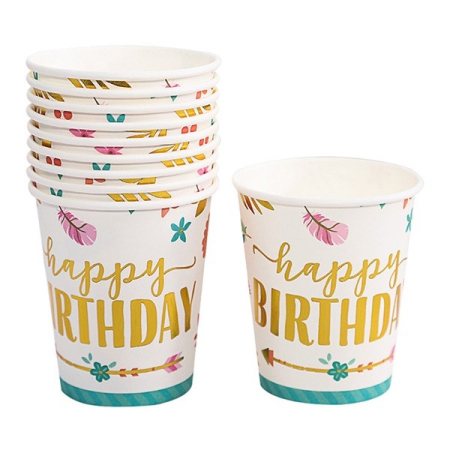 Articole Servire Masa - Set 10 Pahare, , Imprimeu Happy Birthday Gold, din Carton, 250 ml, 7.5 x 8.5 x 5.2 cm, Multicolor
