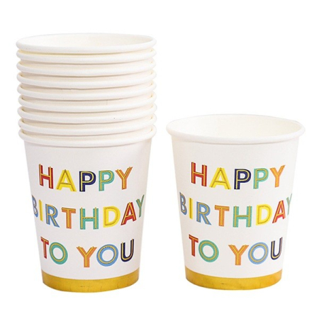 Articole Servire Masa - Set 10 Pahare, , Imprimeu Happy Birthday to You, din Carton, 250 ml, 7.5 x 8.5 x 5.2 cm, Multicolor