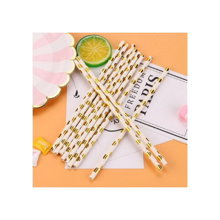 Set 10 Paie, , din Hartie, 19.5 cm, Model cu Buline Aurii, Alb [1]