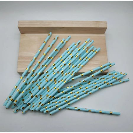 Set 10 Paie, , din Hartie, 19.5 cm, Model cu Buline Aurii, Albastru [1]