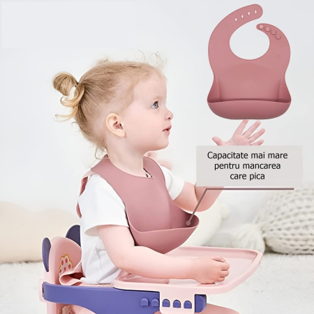 Set 10 piese diversificare bebelusi si copii din silicon , baveta, farfurie compartimentata cu ventuza, bol cu ventuza, tacamuri din lemn si silicon, cana pentru gustari, fara alergeni, roz pudrat [1]