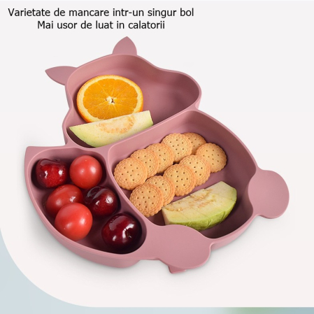 Set 10 piese diversificare bebelusi si copii din silicon , baveta, farfurie compartimentata cu ventuza, bol cu ventuza, tacamuri din lemn si silicon, cana pentru gustari, fara alergeni, roz pudrat [3]