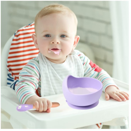 Set 10 piese diversificare bebelusi si copii din silicon , baveta, farfurie compartimentata cu ventuza, bol cu ventuza, tacamuri din lemn si silicon, cana pentru gustari, fara alergeni, mov [2]