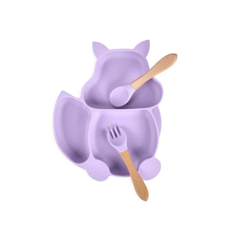 Set 10 piese diversificare bebelusi si copii din silicon , baveta, farfurie compartimentata cu ventuza, bol cu ventuza, tacamuri din lemn si silicon, cana pentru gustari, fara alergeni, mov [4]