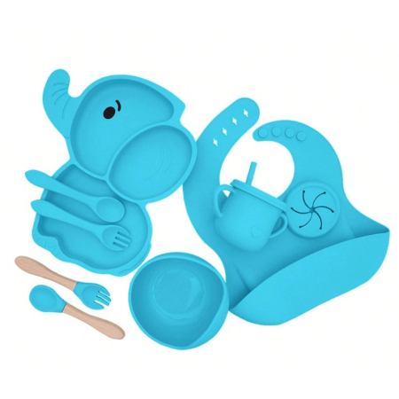 Set 10 Piese Servire Masa. , pentru Bebelusi si Copii, din Silicon/Lemn, cu Ventuze Anti-alunecare, fara Alergeni. +6 Luni, Model Elefant, Albastru [5]