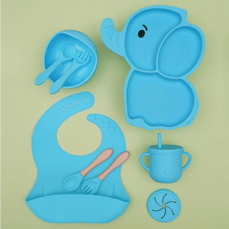 Set 10 Piese Servire Masa. , pentru Bebelusi si Copii, din Silicon/Lemn, cu Ventuze Anti-alunecare, fara Alergeni. +6 Luni, Model Elefant, Albastru [6]