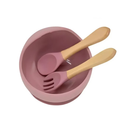 Set 10 Piese Servire Masa. , pentru Bebelusi si Copii, din Silicon/Lemn, cu Ventuze Anti-alunecare, fara Alergeni. +6 Luni, Model Elefant, Maro [2]