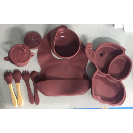 Set 10 Piese Servire Masa. , pentru Bebelusi si Copii, din Silicon/Lemn, cu Ventuze Anti-alunecare, fara Alergeni. +6 Luni, Model Elefant, Maro [3]