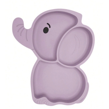 Set 10 Piese Servire Masa. , pentru Bebelusi si Copii, din Silicon/Lemn, cu Ventuze Anti-alunecare, fara Alergeni. +6 Luni, Model Elefant, Mov [1]