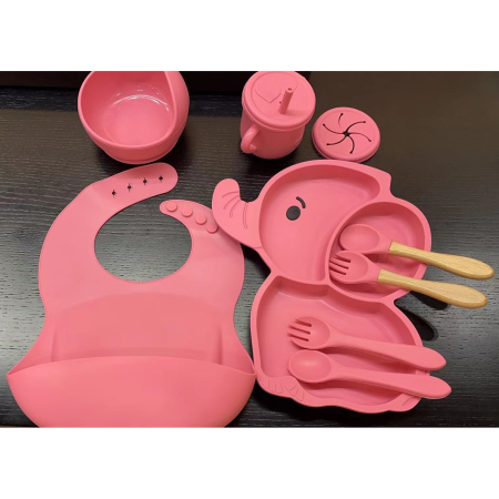 Set 10 Piese Servire Masa. , pentru Bebelusi si Copii, din Silicon/Lemn, cu Ventuze Anti-alunecare, fara Alergeni. +6 Luni, Model Elefant, Roz [5]