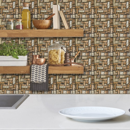 Set 10 Placi Tapet 3D, , 30 x 30 cm, din PVC, Tip Piatra, Suprafata acoperita 0.9 mp, Autoadeziv, Maro [1]