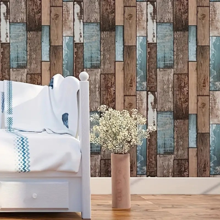 Set 10 Placi Tapet 3D, , 70 x 70 cm, Grosime 3 mm, din Rasina, Tip Placi de Lemn, Suprafata Acoperita 4.9 mp, Gri/Albastru [1]