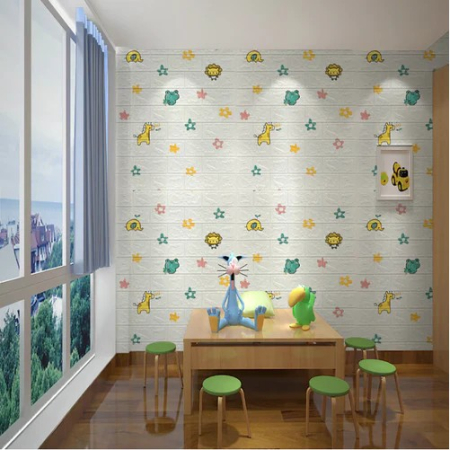 Set 10 Placi Tapet 3D, , 70 x 77 cm, Grosime 3 mm, din Polietilena, Tip Caramida, Model Animalute si Floricele, Suprafata acoperita 5.3 mp, Alb [1]