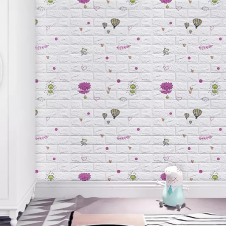 Set 10 Placi Tapet 3D, , 70 x 77 cm, Grosime 3 mm, din Polietilena, Tip Caramida, Model cu Baloane, Suprafata acoperita 5.3 mp, Alb [2]
