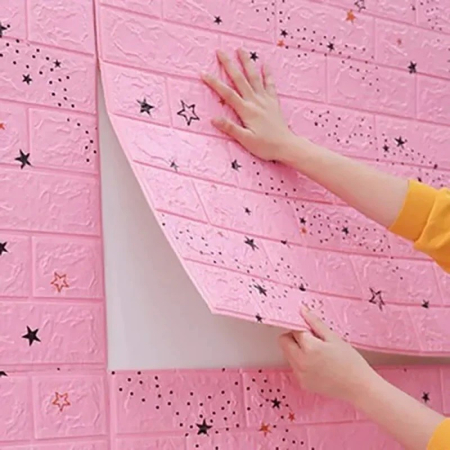Set 10 Placi Tapet 3D, , 70 x 77 cm, Grosime 3 mm, din Polietilena, Tip Caramida, Model Stele, Suprafata acoperita 5.3 mp, Roz [3]