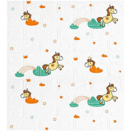 Set 10 Placi Tapet 3D, , 70 x 77 cm, Grosime 3 mm, din Polietilena, Tip Caramida, Model Unicorni, Suprafata acoperita 5.3 mp, Alb [2]