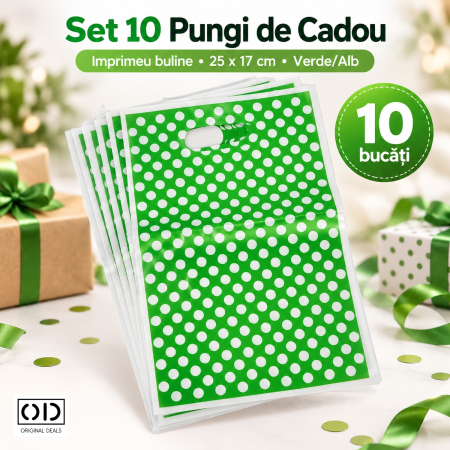 Accesorii petrecere - Set 10 pungi de cadou verde cu buline albe, plastic PE, 25 x 17 cm, pentru aniversari, ORIGINAL DEALS