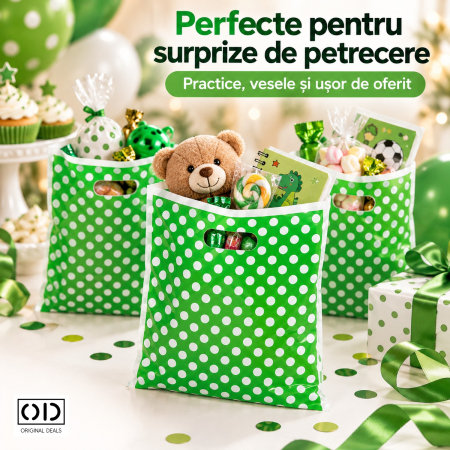 Set 10 pungi de cadou verde cu buline albe, plastic PE, 25 x 17 cm, pentru aniversari, ORIGINAL DEALS [1]