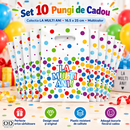 Accesorii Petrecere - Set 10 Pungi Cadou cu Maner, Mesaj La Multi Ani, 16,5 x 25 cm, Multicolor | ORIGINAL DEALS