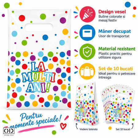 Set 10 Pungi Cadou cu Maner, Mesaj La Multi Ani, 16,5 x 25 cm, Multicolor | ORIGINAL DEALS [5]