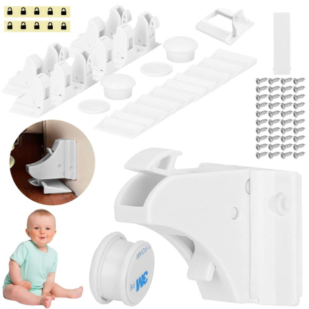 Set 4 sigurante magnetice ascunse, blocator sertare si usi, 2 sisteme fixare incluse, alb [22]