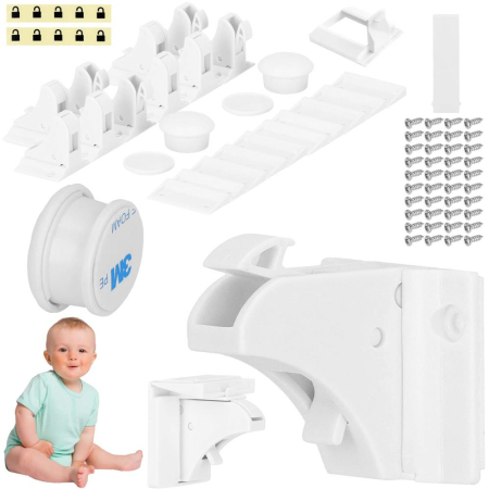 Set 4 sigurante magnetice ascunse, blocator sertare si usi, 2 sisteme fixare incluse, alb [23]
