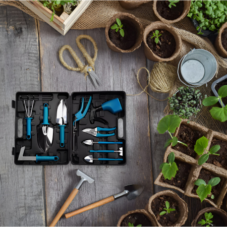 Set 10 Unelte de Gradina, , pentru Plantare Prelucrare Sol si Ingrijire Plante, Manere Albastre, Material PVC si Otel Inoxidabil, Cutie Inclusa, 37x28x7 cm, Negru [7]