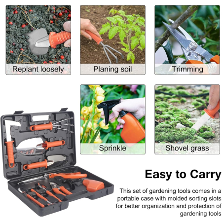 Set 10 Unelte de Gradina, , pentru Plantare Prelucrare Sol si Ingrijire Plante, Manere Portocalii, Material PVC si Otel Inoxidabil, Cutie Inclusa, 37x28x7 cm, Negru [2]