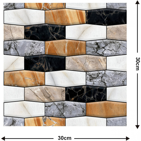 Set 10 x Placi Tapet Autocolant 3D cu Imitatie de Marmura Asimetrica, pentru Perete Bucatarie Sufragerie, Usor de Curatat, Rezistent la Apa, Autoadeziv, 30x30 cm, Maro Gri Negru [2]