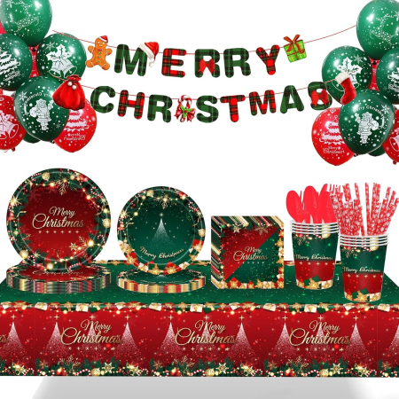 Articole Servire Masa - Set 119 Piese, , pentru Masa de Craciun, Farfurii 18 cm, Farfurii 23 cm, Pahare, Servetele, Tacamuri, Fata de Masa, Ghirlanda, Paie, Rosu/Verde