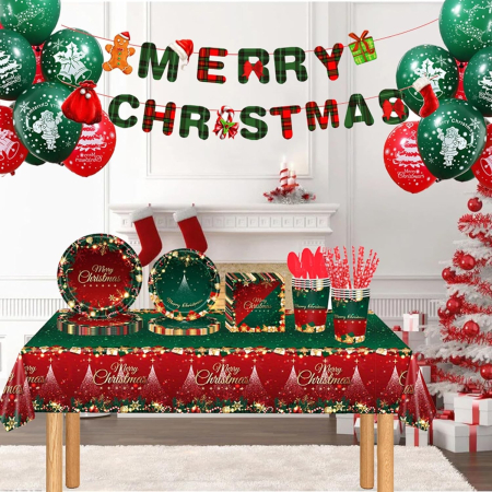 Set 119 Piese, , pentru Masa de Craciun, Farfurii 18 cm, Farfurii 23 cm, Pahare, Servetele, Tacamuri, Fata de Masa, Ghirlanda, Paie, Rosu/Verde [1]