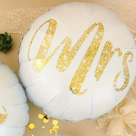 Set 12 Baloane din Folie Metalizata si din Latex, , Model Mr Mrs, Tema Nunta, Baloane Party cu Confetti, 45 cm, 30 cm, Pai inclus, Umflare cu Aer sau Heliu, Alb/Auriu [4]