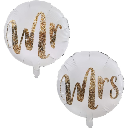 Tematica Nunta - Set 12 Baloane din Folie Metalizata si din Latex, , Model Mr Mrs, Tema Nunta, Baloane Party cu Confetti, 45 cm, 30 cm, Pai inclus, Umflare cu Aer sau Heliu, Alb/Auriu