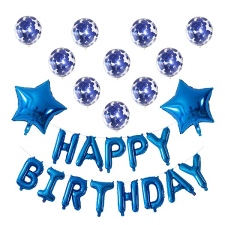 Seturi Baloane Folie - Set 12 Baloane si 1, Set pentru Aniversare, mesaj Happy Birthday, din folie de aluminiu, 30 -45 cm, Cu paiete, latex si folie, Albastru