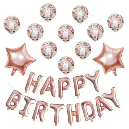 Seturi Baloane Folie - Set 12 Baloane si 1, Set pentru Aniversare, mesaj Happy Birthday, din folie de aluminiu, 30 -45 cm, Cu paiete, latex si folie, Rose Gold