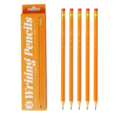 Accesorii Birou si Consumabile - Set 12 Creioane Negre, , HB, pentru Scoala, cu Radiera, Model Portocaliu, 19 cm