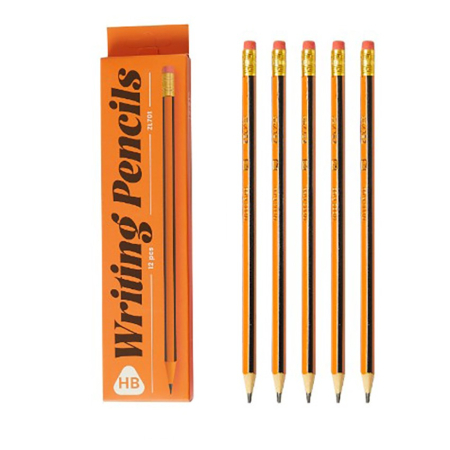 Accesorii Birou si Consumabile - Set 12 Creioane Negre, , HB, pentru Scoala, cu Radiera, Model Portocaliu-Negru, 19 cm