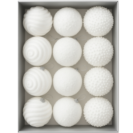 Globuri de Craciun - Set 12 globuri Craciun cu sclipici, 3 modele diferite, polistiren, diametru 8 cm, alb