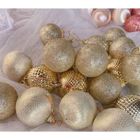 Set 12 Globuri de Craciun, , pentru Brad, Model cu Glitter, Lucioase si Mate, Auriu [1]